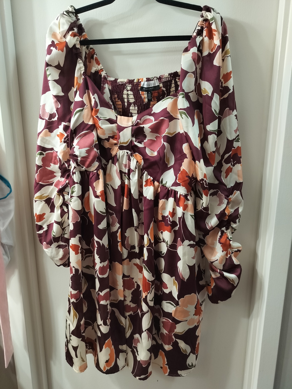 Eloquii Maroon Floral Smocked Top with Cream & Orange Accents
